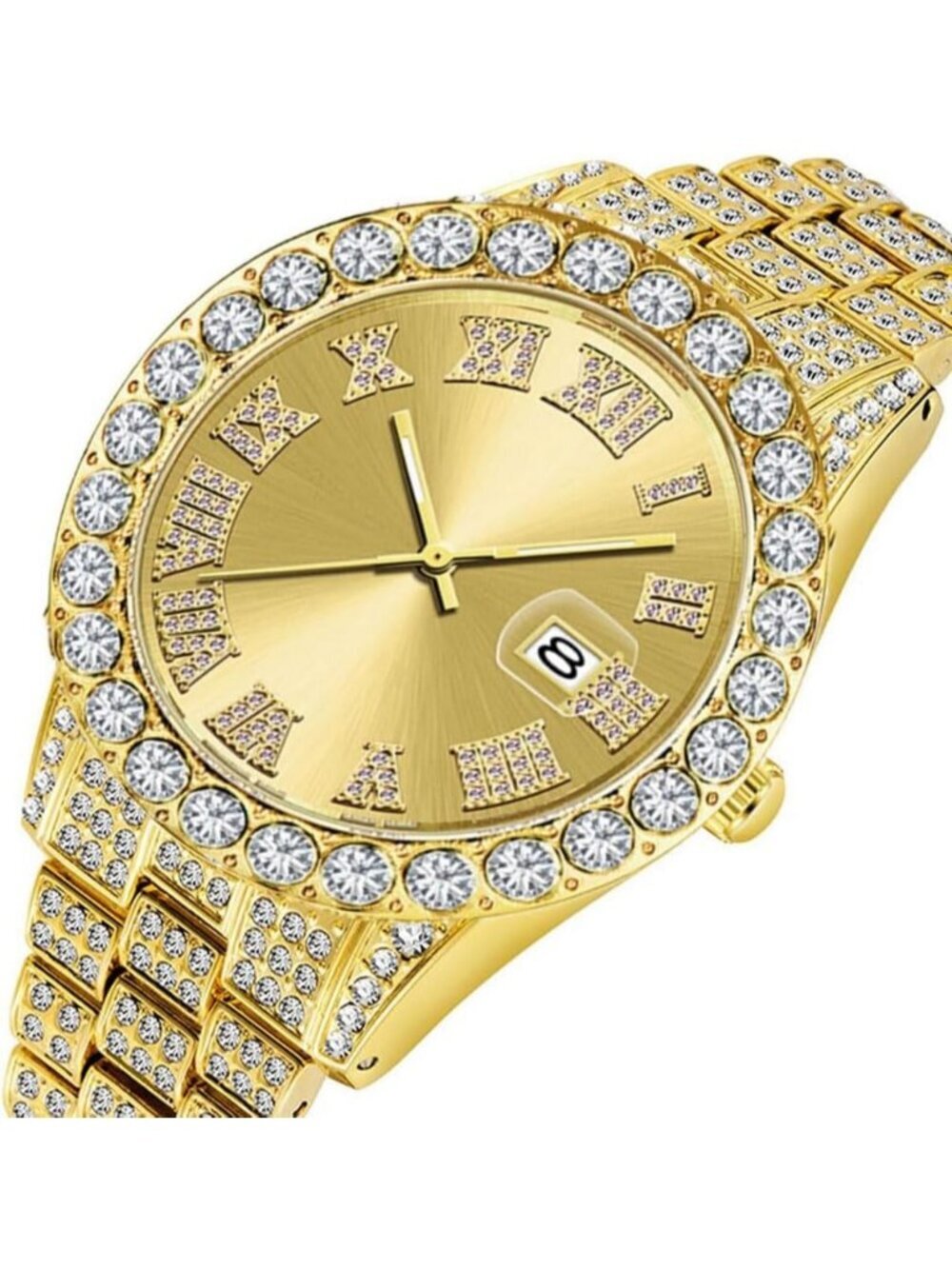 Men's All Gold Analog Crystal Rhinestone Diamond Iced-Out Bracelet Wrist Watch - Picture 3 of 6